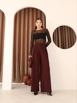 Bordo Pileli Palazzo Kumaş Bol Paça Yüksek Bel Pantolon