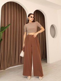 Kahverengi Pileli Palazzo Kumaş Bol Paça Yüksek Bel Pantolon