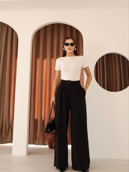 Siyah Pileli Palazzo Kumaş Bol Paça Yüksek Bel Pantolon
