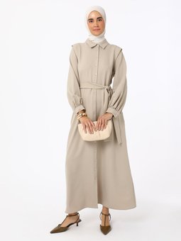 Bağlama Detaylı Krep Kumaş Vizon Elbise