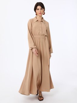 Düğme Detaylı Kuşaklı Bej Elbise
