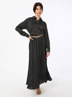 Kırışık Efektli Piliseli Siyah Etek