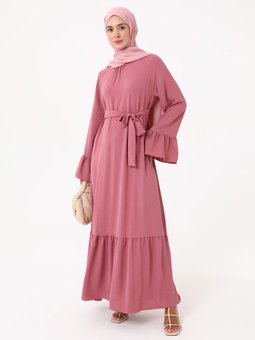 Kolları Volan Detaylı Kuşaklı Koyu Gül Elbise