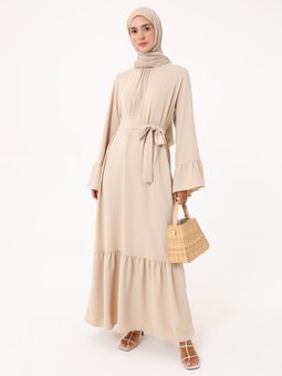 Kolları Volan Detaylı Kuşaklı Taş Rengi Elbise