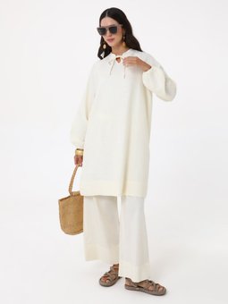 Yakası Bağlama Detaylı Tunik Pantolon İkili Ekru Takım