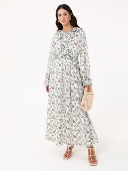 Yakası Fırfır Detaylı Simli Şifon Desenli Elbise