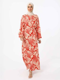 Yarım Patlı Baskılı Viskoz Kırmızı Elbise