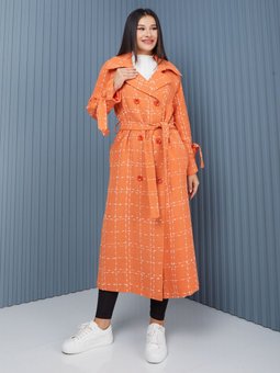 Ekose Kadın Oversize Turuncu Trençkot