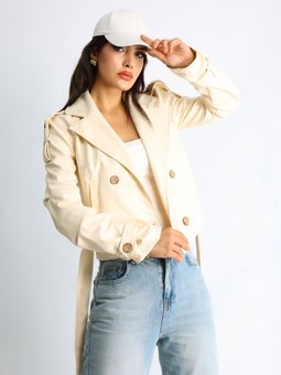 Kadın Suni Deri Biker Ekru Ceket