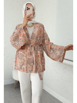 Pudra Şal Desen Kuşaklı Kimono