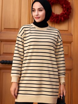 Bej Bisiklet Yaka Önü Çizgili İki İplik Büyük Beden Tunik