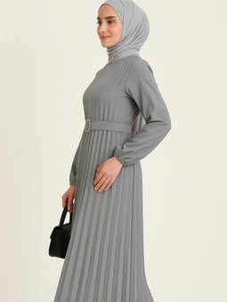 Gri Bisiklet Yaka,kolu Lastikli Ve Kemerli Piliseli Keten Elbise