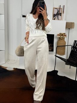 Ekru Arka Bel Lastikli Güderi Bol Paça Pantolon