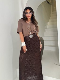 Kahve Uzun Dantel Full Likralı Etek