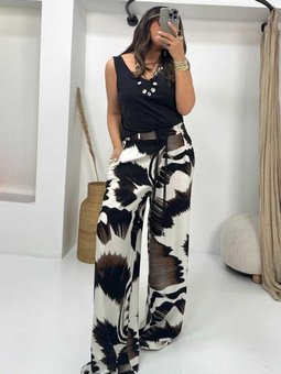 Siyah Kahve Dokulu Viskon Palazzo Pantolon