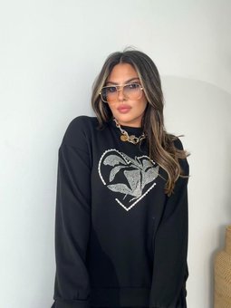 Siyah Taşlı Yaprak Desen Sweatshirt