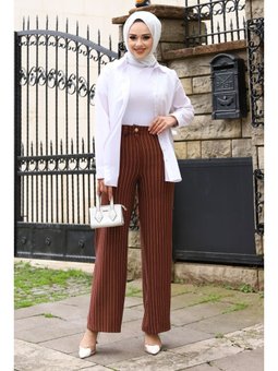 Bol Paça Çizgili Kahverengi Pantolon