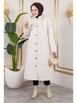 Boydan Düğmeli Kapitone Bej Kap