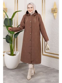 Boydan Düğmeli Kapitone Kahverengi Kap