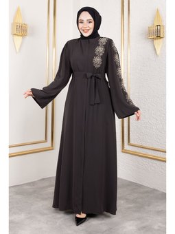 Çiçek Desenli Boncuk İşlemeli Antrasit Ferace