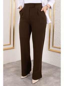 Cırt Kapamalı Yüksek Bel Palazzo Acı Kahve Pantolon