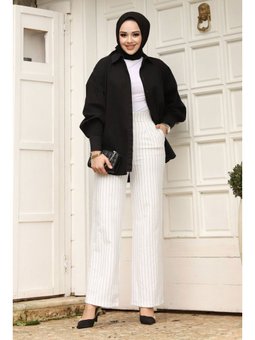 Çizgili Palazzo Beyaz Pantolon