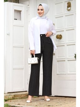 Çizgili Palazzo Siyah Pantolon