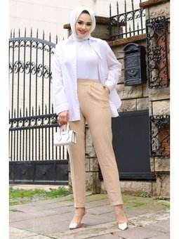 Double Paça Çizgili Havuç Bej Pantolon