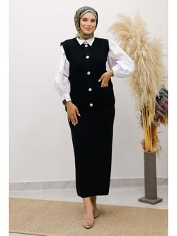 Düğmeli Triko Süveter Siyah