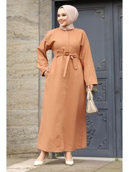 Gizli Fermuarlı Çizgili Kuşaklı Taba Ferace