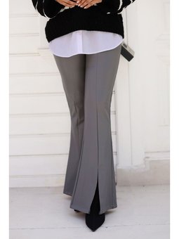 İspanyol Paça Önü Yırtmaçlı Deri Gri Pantolon