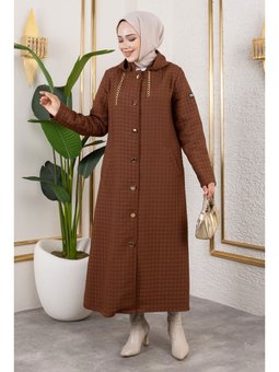 Kapüşonlu Zincir Detaylı Kapitone Kahverengi Kap