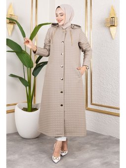 Kapüşonlu Zincir Detaylı Kapitone Vizon Kap