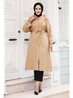 Önü Fırfır Detaylı Fermuarlı Keten Camel Tunik