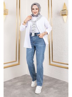 Paçası Kesik Yüksek Bel Koyu Mavi Kot Pantolon