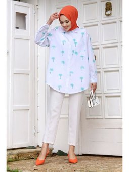 Palmiye Desenli Mavi Tunik