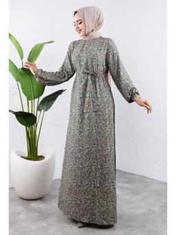 Renkli Çiçekli Viskon Yeşil Elbise