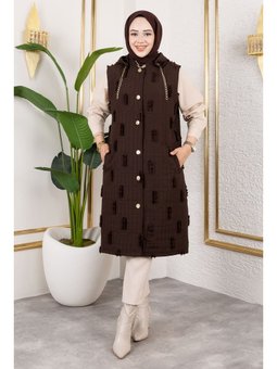 Tüy Detaylı Kapitone Acı Kahve Yelek