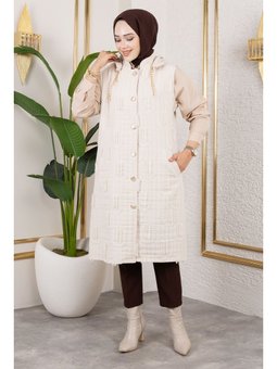 Tüy Detaylı Kapitone Bej Yelek