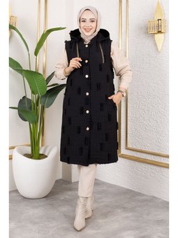 Tüy Detaylı Kapitone Siyah Yelek