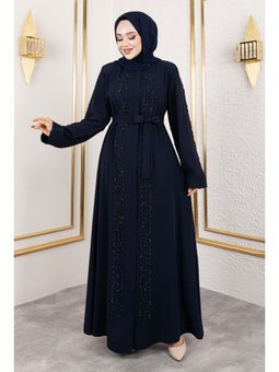 Zincir Taş Detaylı Abaya Lacivert