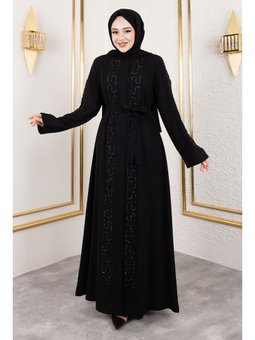 Zincir Taş Detaylı Abaya Siyah