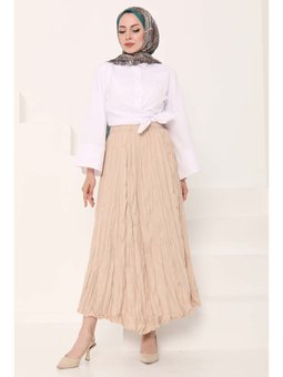 Beli Lastikli Kırışık Etek Bej
