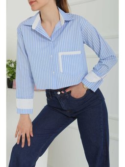 Çizgili Cepli Kısa Gömlek Mavi