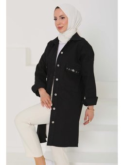 Oversize Kuş Gözü Cepli Kot Sıyah Ceket Siyah