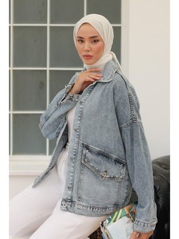 Taş Detaylı Oversize Denim Kot Acık Mavı Ceket Acik Mavi