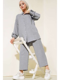 Düğmeli Keten İkili Gri Takım