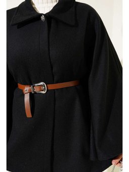 Gömlek Yaka Kemerli Kaşe Siyah Panço