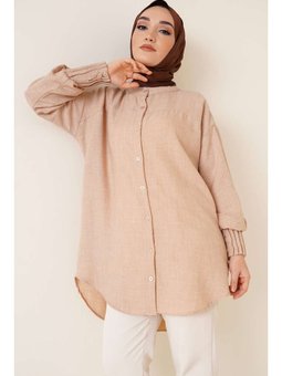 Nervür Detaylı Salaş Bej Gömlek
