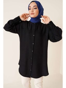 Nervür Detaylı Salaş Siyah Gömlek